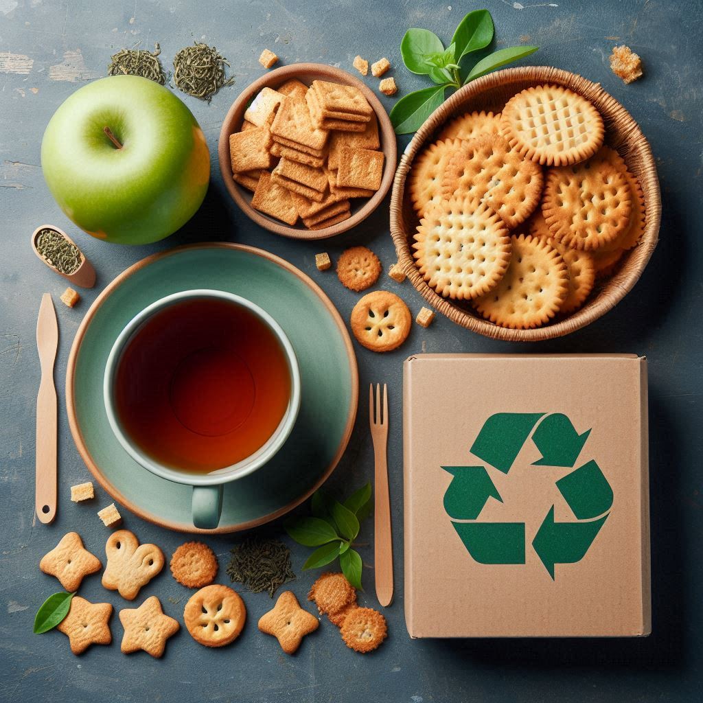 A visually appealing arrangement of Crunchable biscuits next to a cup of tea, with a sustainable element such as a plant or eco-friendly packaging